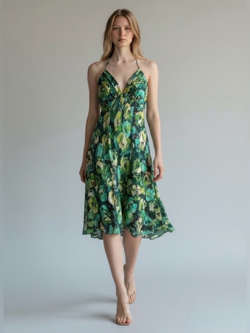 Donna Ricco Pure Silk Chiffon Halter Dress Green Blue Yellow Floral Size 6-8